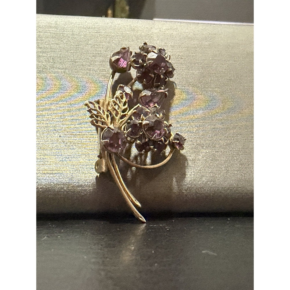 Vintage Purple Glass Rhinestone Floral Bouquet Rhinestones Brooch Pin Gold Tone